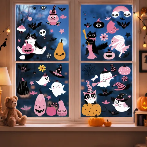 Halloween Window Clings Static Cling Stickers Double Sided Pink Cartoon Pumpkin Ghost Cat Holiday Decoration Decals