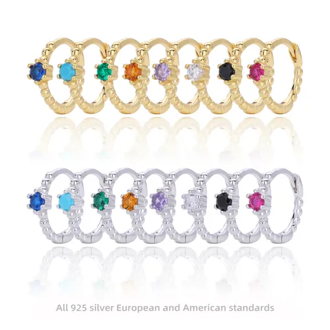 925 Sterling Silver Hoop Earrings For Women Minimalist Colorful Zirconia Inlaid Bead Edge Ear Cuff Gold Silver Plated Jewelry