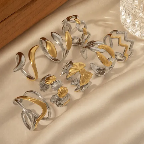 Anello in Acciaio Inossidabile Oro Argento Bicolore Geometrico Aperto Regolabile per Donna Fiocco Cuore Catena Conchiglia Farfalla Fantasia Gioielli Regalo