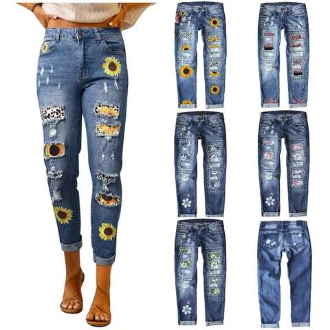 Women Distressed Ripped Denim Jeans Slim Fit Mid Rise Sunflower Leopard Patchwork Printed Straight Leg Long Pants Streetwear Bottom