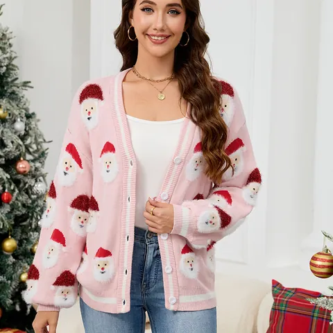 Women Christmas Santa Jacquard Knit Cardigan V-Neck Button Down Casual Long Sleeve Sweater Top Festival Holiday Outerwear