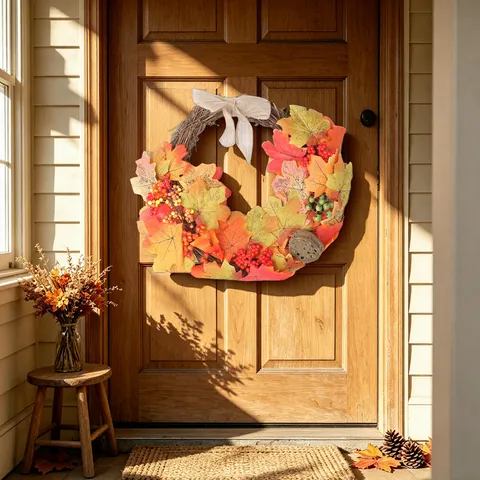 Thanksgiving Fall Wreath Artificial Maple Leaves Rattan Base With Burlap Bow Lotus Pod Berries Harvest Decoration For Door