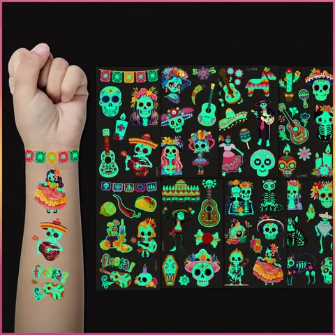 Leuchtende Tag der Toten Temporäre Tattoos Dunkeln Leuchtende Zuckerschädel Skelett Tiere Kinder Party Tattoos Deko