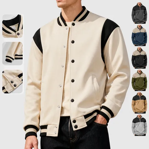 Men's Casual Varsity Jacket Color Block Patchwork Fleece Lined Bomber Jacket Sporty Baseball Coat For Teens Outdoor Activewear Top