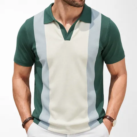 Polo de Punto en Bloques de Colores Retro para Hombre Manga Corta Cuello en V Verano Viscosa Transpirable Moda Casual Top