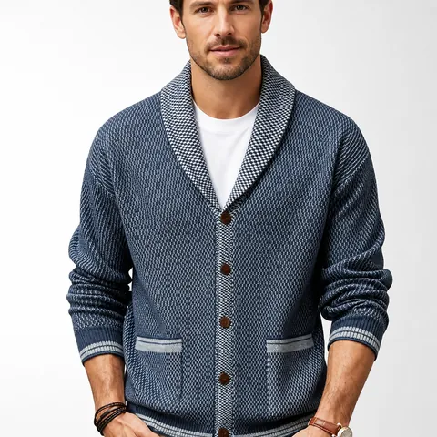 Men Retro Washed Denim Blue Knit Cardigan Sweater Loose Casual Shawl Collar Single Breasted Jacket With Pockets Fashion Knitwear Top