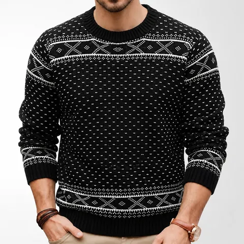 Men Vintage Fair Isle Jacquard Crew Neck Sweater Nordic Style Thickened Knitted Pullover Polyester Long Sleeve Top For Winter