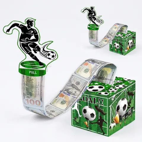 Soccer Theme Money Pulling Box Surprise Birthday Gift Paper Box With Football Player Topper For Sports Party Decoration