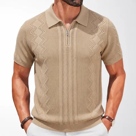 Men Business Casual Knitted Polo Shirt Half Zip Short Sleeve Viscose Texture Chevron Pattern Top Summer Fashion Knitwear