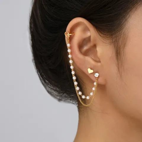 Heart Butterfly Artificial Pearl Tassel Ear Cuff And Stud Earrings Copper Zircon Chain For Women French Retro Personalized Jewelry