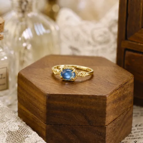 Vintage London Blue Topaz Ring 925 Sterling Silver Gold Plated Adjustable Open Band Retro Jewelry For Women Antique Design