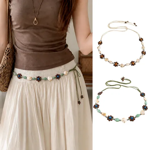 Corda da Vita con Perline Intrecciata a Mano Stile Etnico Vintage Bohémien Cintura Regolabile Donna Perline di Legno Fiore