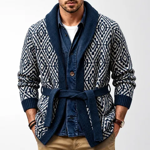 Men Retro Argyle Jacquard Knit Cardigan Shawl Collar Loose Thick Belted Sweater Jacket Top