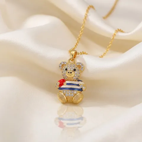 Bear Pendant Necklace Stainless Steel Zircon Rhinestone Inlaid Enamel Striped Shirt Heart Hip Hop Jewelry For Women
