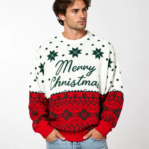 Heren Retro Kerst Jacquard Gebreide Trui Lange Mouwen Ronde Hals Pullover Feestelijke Top Kerstmis Gebreide Kleding