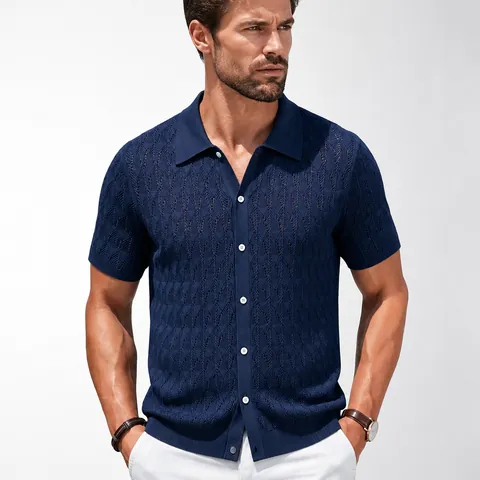 Men Short Sleeve Viscose Knit Polo Shirt Lightweight Jacquard Button Up Cardigan Summer Casual Fashion Top