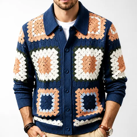 Men Retro Hollow Out Crochet Knit Cardigan SY0046 Granny Square Geometric Pattern Long Sleeve Lapel Thin Sweater Navy Casual Top