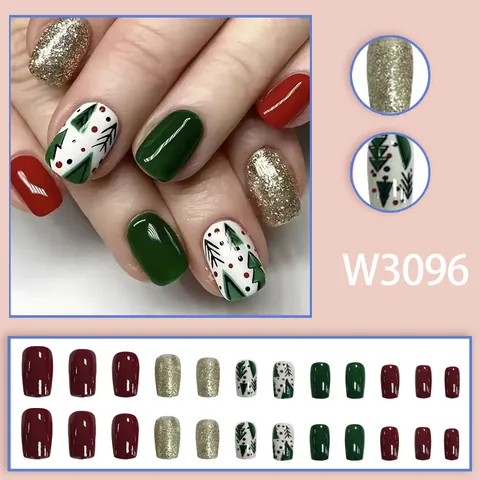 Christmas Press On Nails Red Green Gold Glitter Christmas Tree Pattern Square Shape Full Cover Holiday Winter Manicure For Women