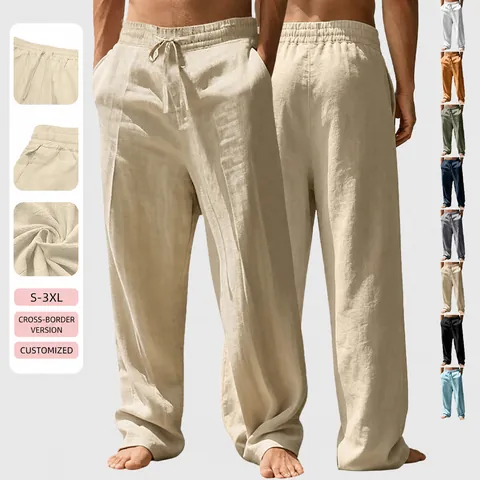 Men Casual Linen Blend Wide Leg Pants Breathable Loose Straight Leg Trousers With Elastic Drawstring Waist Vacation Bottom