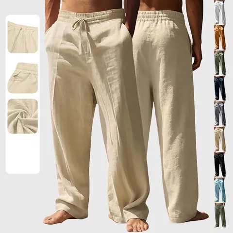 Herren Lässige Leinenmischung Weites Bein Hose Atmungsaktiv Lose Gerade Schnitt Hose Mit Elastischem Kordelzug Taille Urlaub Bottom