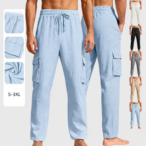 Pantaloni Jogger da Uomo in Lino Casual Tinta Unita Vita Elastica con Coulisse Multi-Tasca Pantaloni Estivi Larghi Leggeri Traspiranti Cargo