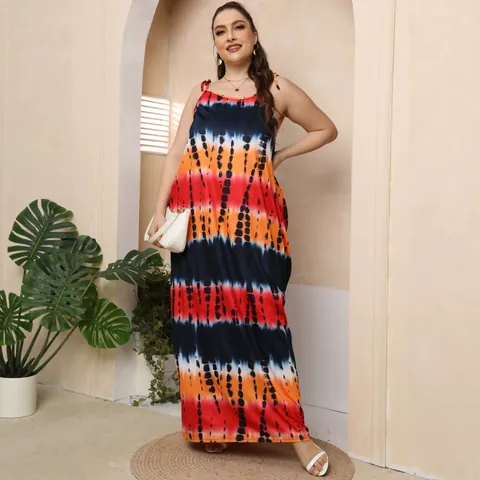 Plus Size Women Tie Dye Print Maxi Dress Spaghetti Strap Sleeveless U Neck Loose Casual Vacation Long Dress