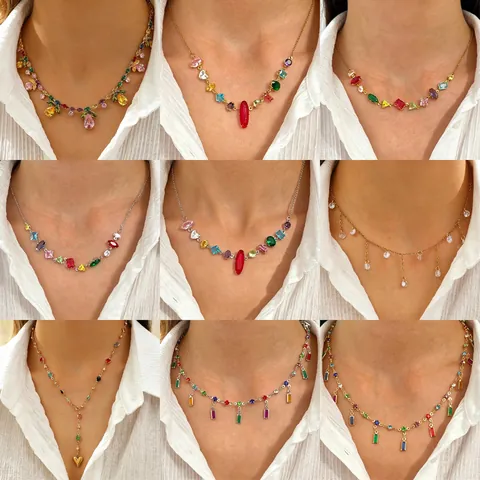 Juego de Joyas de Lujo Collar y Pendientes con Colgante de Gota de Agua y Flor de Cristal Colorido para Mujer Aleación Chapada en Oro