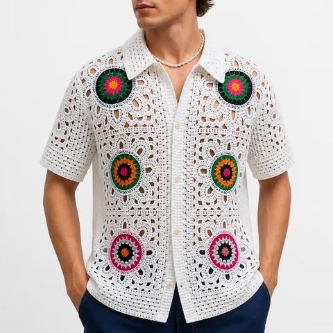 Polo de Punto Vintage para Hombre Aspecto Crochet Calado Jacquard de Círculos Manga Corta Cárdigan