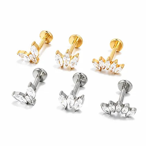 Borchia Per Piercing Labret Titanio G23 F136 Zircone Marquise Filettatura Interna Retro Piatto Gioielli Cartilagine Orecchio