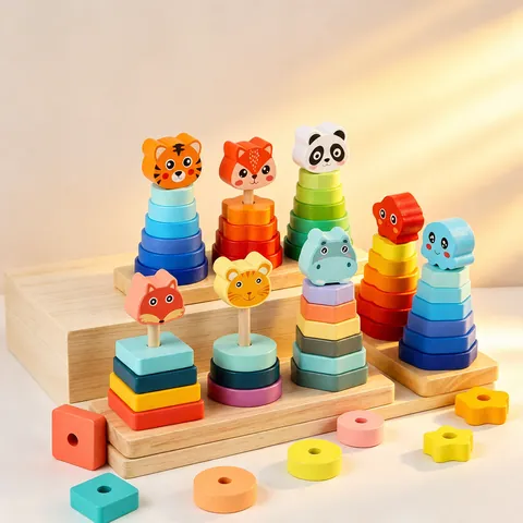 Montessori Wooden Rainbow Stacking Toy Geometric Shape Sorting Building Blocks Educational Balancing Tower For Toddler Baby