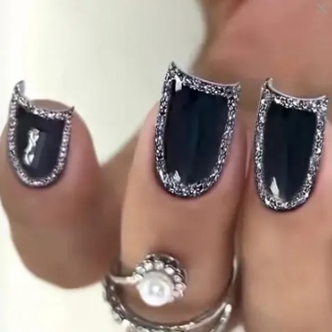 Uñas Postizas De Presión Estilo Francés Cortas Cuadradas ABS Artificiales Brillantes Purpurina Simples Manicura Para Mujeres
