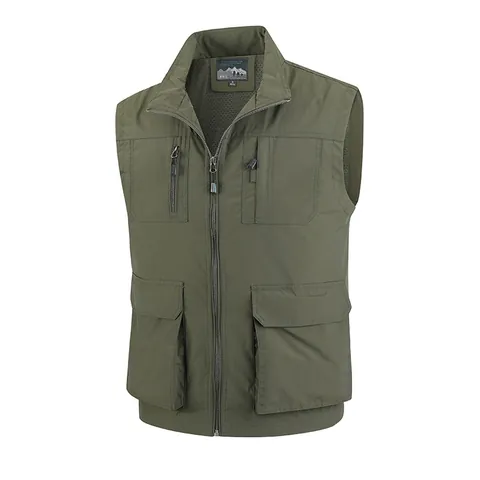 Men's Outdoor Multi-Pocket Fishing Vest Nylon Quick Dry Casual Stand Collar Workwear Sleeveless Top For Photography Hiking