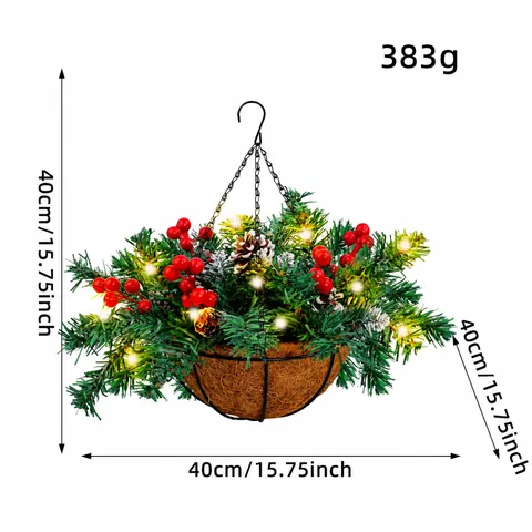 Panier Suspendu Noël Branches Pin Artificielles Baies Rouges Pommes Pin Givrées LED Lumières Décoration Jardin