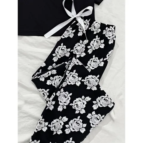 Women Sexy Rose Floral Print Pajamas Set Short Sleeve Crop Top And Long Pants Top And Bottom Loungewear Sleepwear