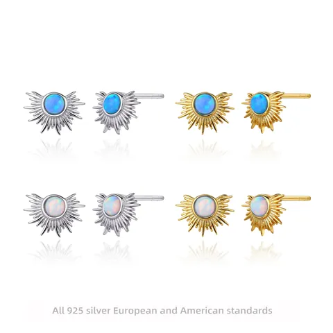 925 Sterling Silver Sun Ray Stud Earrings With Artificial Opal Rhinestone Electroplated Minimalist Vintage Sun Flower Jewelry For Women