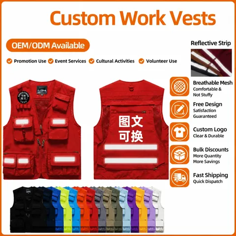 Gilet de Travail Multi-Poches Hommes Femmes Bandes Réfléchissantes Gilet de Sécurité pour Photographie Pêche Extérieur