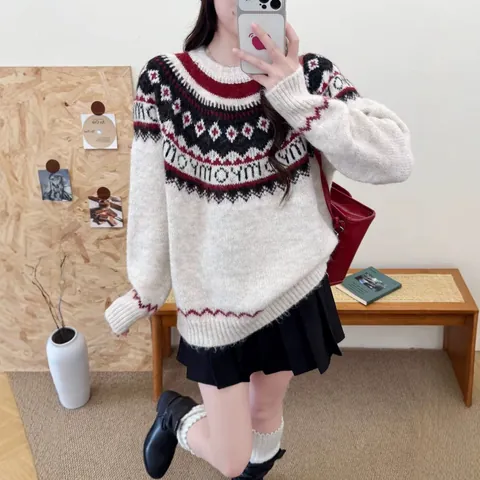 Women Christmas Fair Isle Alpaca Wool Knit Pullover Sweater Vintage Geometric Jacquard Round Neck Loose Long Sleeve Top