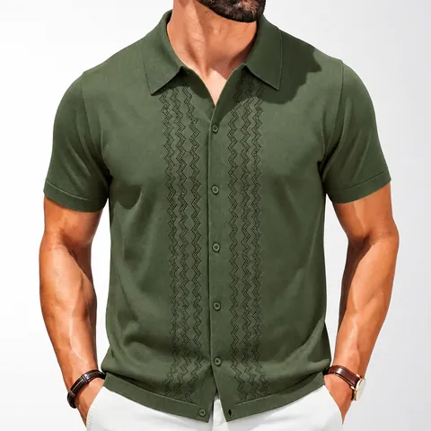 Men Summer Knit Polo Shirt Short Sleeve Hollow Out Geometric Pattern Viscose Cardigan Style Casual Workwear Retro Top