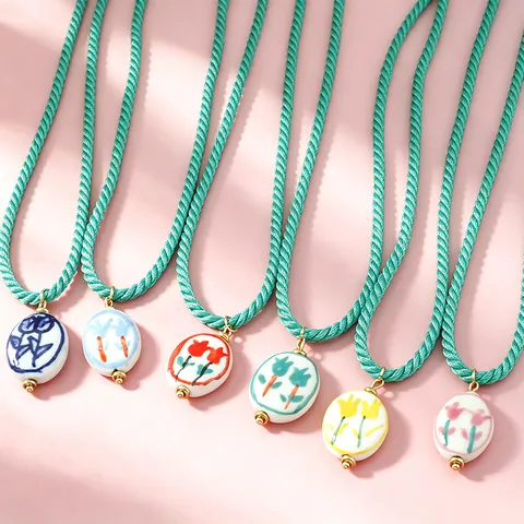Retro 304 Roestvrij Staal Tulp Keramiek Hanger Ketting Handbeschilderd Bloem Gevlochten Touw Choker Voor Vrouwen Sieraden