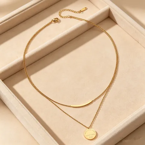 Chic 18K Gold Plated Stainless Steel Double Layer Necklace For Women New York Coin Round Pendant Curved Bar Choker Jewelry