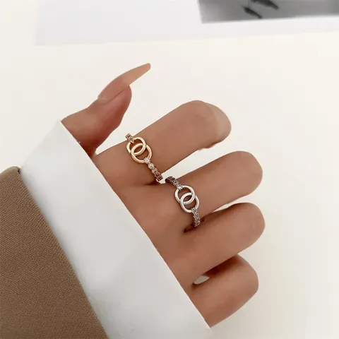Fashion Women Double Interlocking Circles Open Ring Copper Inlaid Zirconia Elegant Adjustable Finger Jewelry Gift