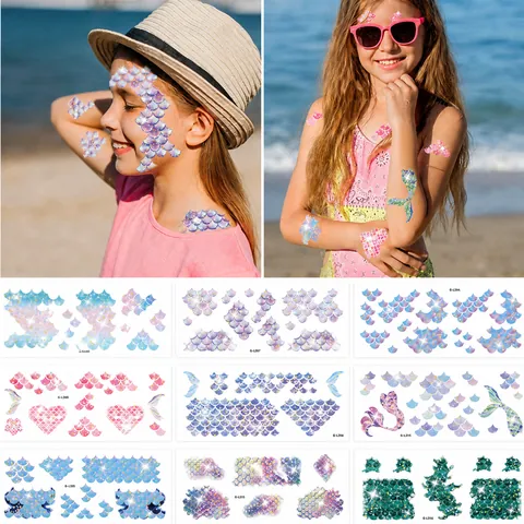 Glitter Mermaid Scales Temporary Tattoo Stickers Waterproof Disposable Body Art For Children Summer Beach Pool Party