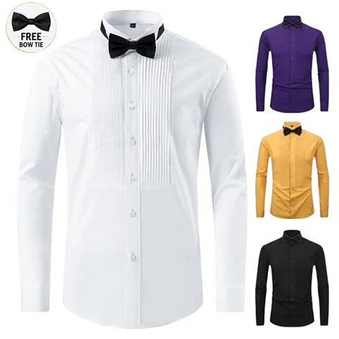 Men Business Formal Tuxedo Shirt Long Sleeve Pleated Bib High Elastic Slim Fit Top With Black Bow Tie For Wedding Party Banquet Ceremony