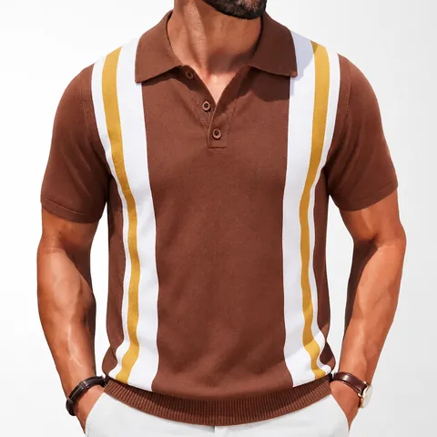 Men's Retro Striped Knitted Polo Shirt Short Sleeve Business Casual Viscose Top Vertical Color Block Polo