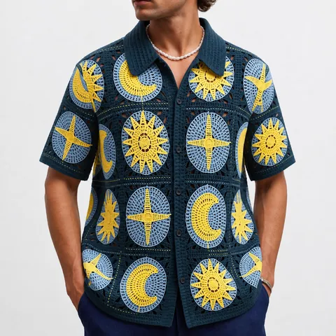 Men Vintage Hawaiian Crochet Polo Shirt Hollow Out Short Sleeve Knit Top Celestial Sun Moon Pattern Acrylic Polo Cardigan
