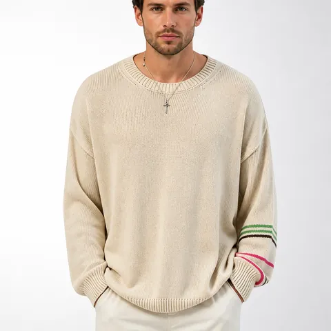 Heren Casual Polyester Gebreide Trui Contrastkleur Gestreept Ronde Hals Lange Mouw Pullover Ruime Pasvorm Streetwear Top Voor Herfst