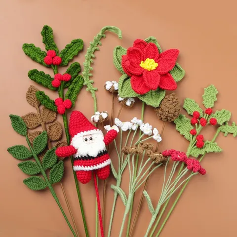 Handmade Crochet Christmas Flower Branch Knitted Santa Claus Cotton Pine Cone Poinsettia Home Decor Festive Bouquet
