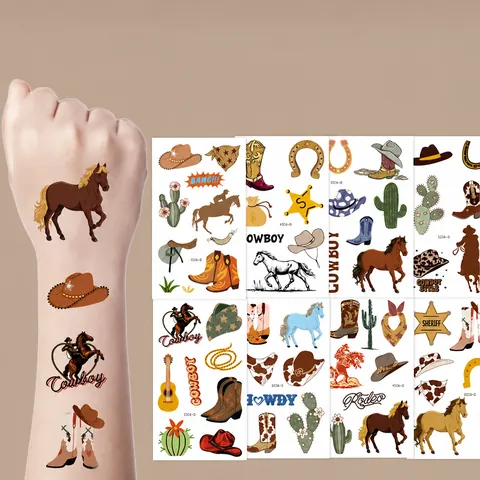 Western Cowboy Tijdelijke Tatoeage Stickers Sheriff Ster Paard Hoed Cartoon Waterdicht Zweetbestendig Veilig Voor Kinderen