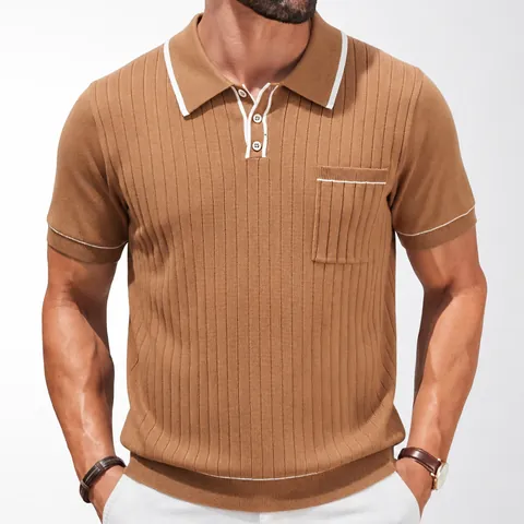 Men Business Casual Knitted Polo Shirt Short Sleeve Slim Fit Ribbed Texture Contrast Trim With Patch Pocket Summer Tops