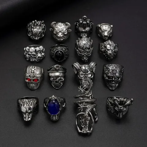 Vintage Men Alloy Ring Set Punk Gothic Skull Lion Animal Head Antique Silver Rhinestone Finger Rings Hip Hop Jewelry